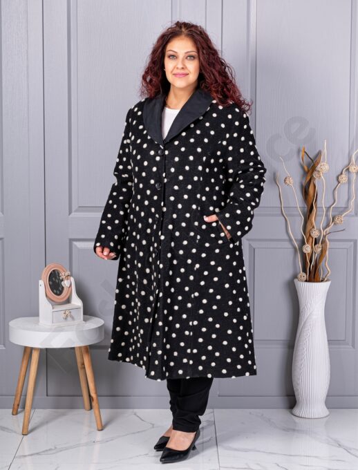 Palton maxi de dama din lana cu imprimeu buline cod 10541