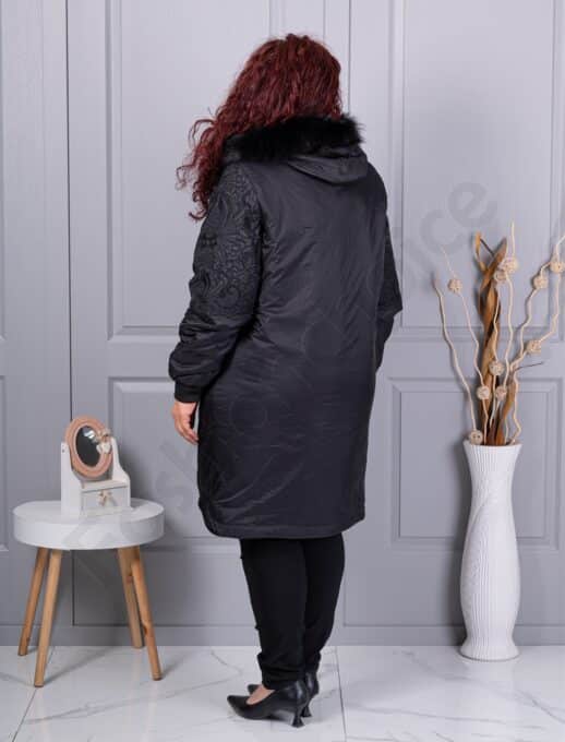 Geaca maxi din material gros cu blana naturala si broderie cod 63036
