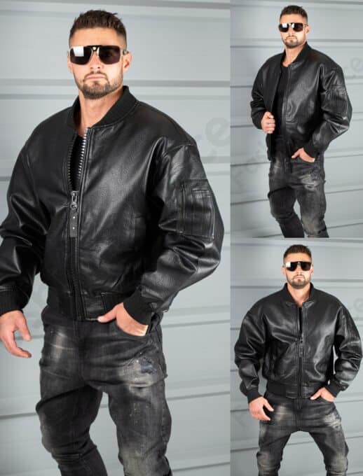 Geaca groasa bomber din piele eco cu guler la baza gatului-negru cod 8975