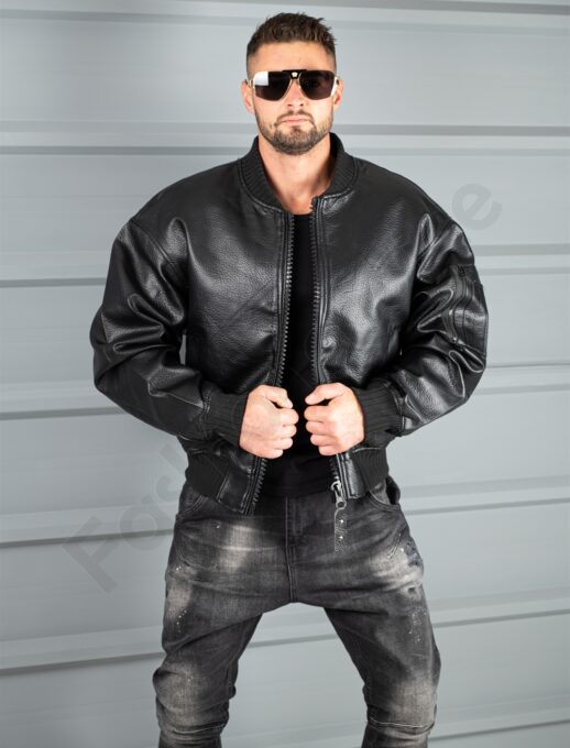 Geaca groasa bomber din piele eco cu guler la baza gatului-negru cod 8975