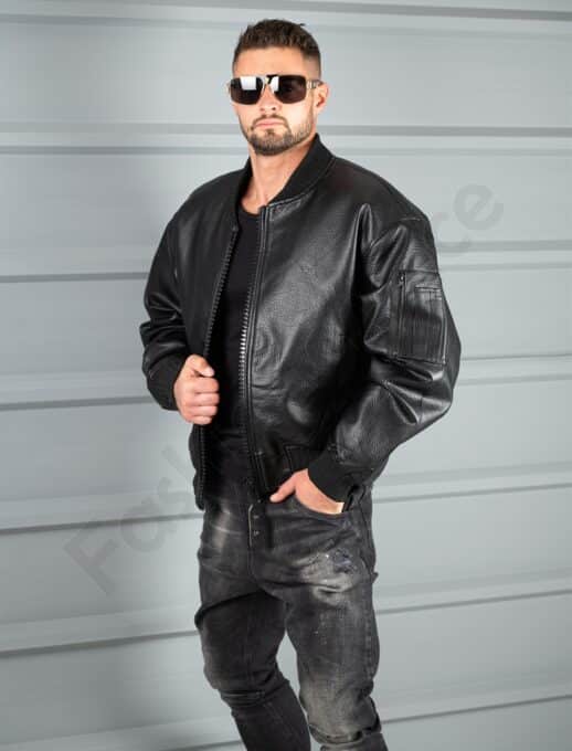 Geaca groasa bomber din piele eco cu guler la baza gatului-negru cod 8975