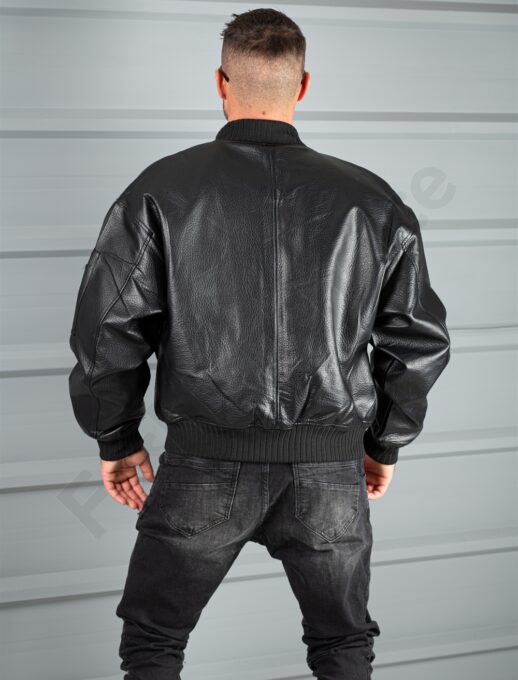 Geaca groasa bomber din piele eco cu guler la baza gatului-negru cod 8975