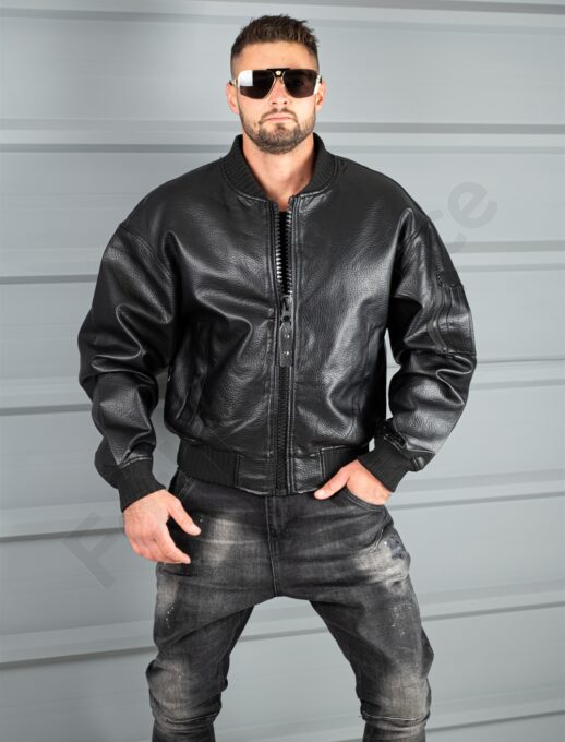 Geaca groasa bomber din piele eco cu guler la baza gatului-negru cod 8975