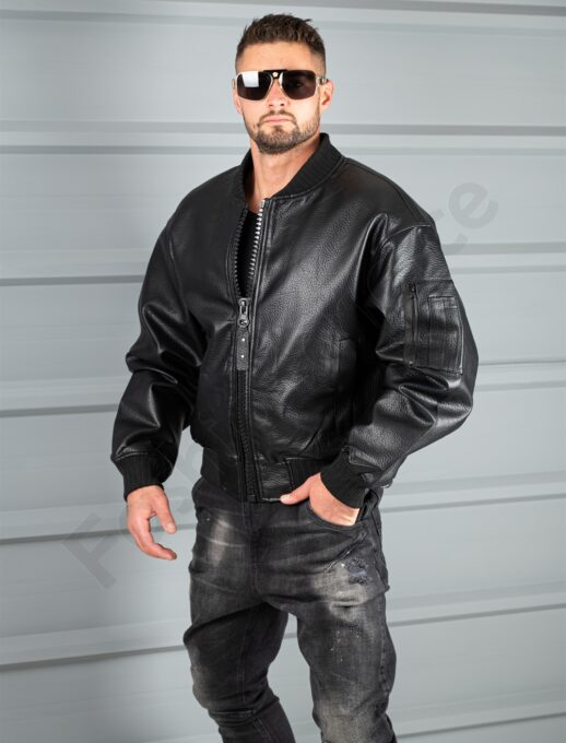 Geaca groasa bomber din piele eco cu guler la baza gatului-negru cod 8975