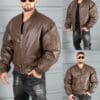 Geaca groasa bomber din piele eco cu guler la baza gatului-maro cod 8975-1