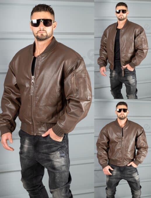 Geaca groasa bomber din piele eco cu guler la baza gatului-maro cod 8975-1