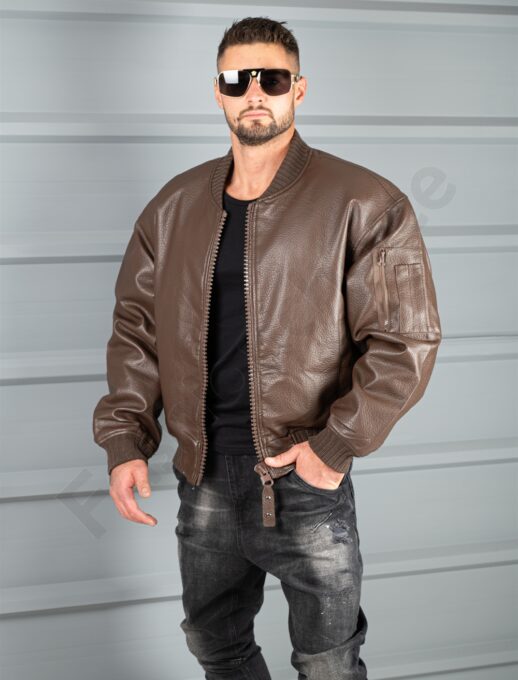 Geaca groasa bomber din piele eco cu guler la baza gatului-maro cod 8975-1