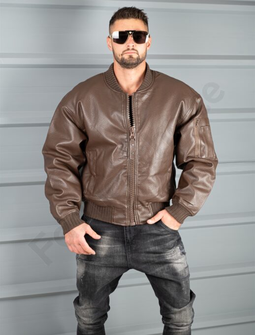 Geaca groasa bomber din piele eco cu guler la baza gatului-maro cod 8975-1