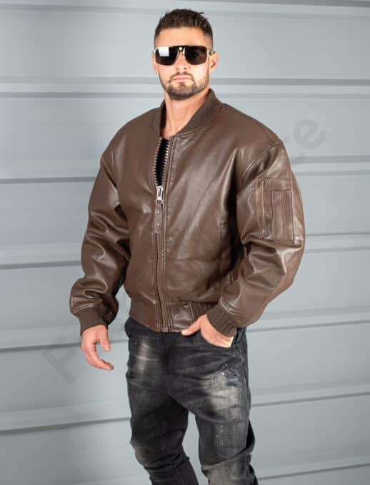 Geaca groasa bomber din piele eco cu guler la baza gatului-maro cod 8975-1
