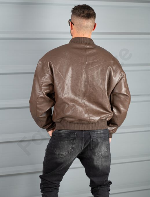 Geaca groasa bomber din piele eco cu guler la baza gatului-maro cod 8975-1