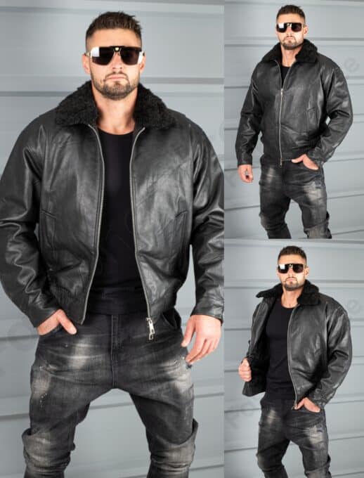 Geaca bomber pentru iarna cu captuseala din eco blana-negru cod 8938