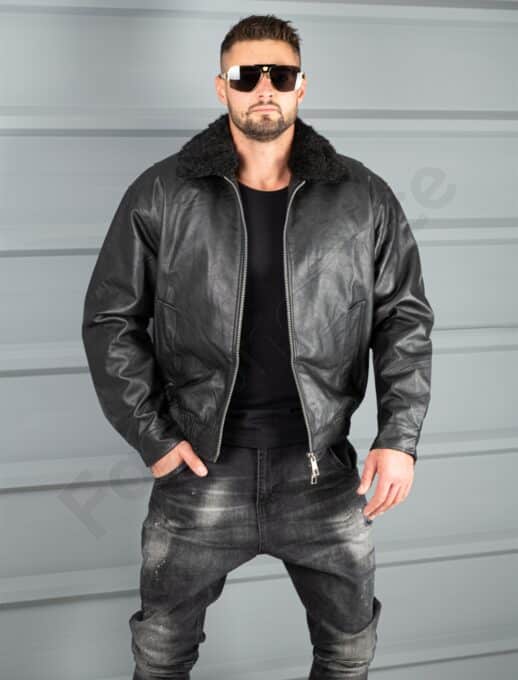 Geaca bomber pentru iarna cu captuseala din eco blana-negru cod 8938