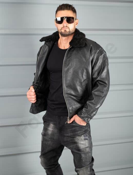 Geaca bomber pentru iarna cu captuseala din eco blana-negru cod 8938