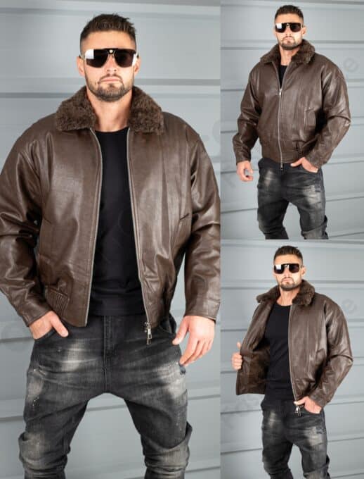 Geaca bomber pentru iarna cu captuseala din eco blana-maro cod 8938-1