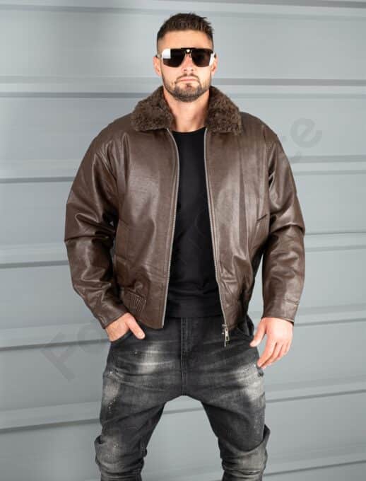 Geaca bomber pentru iarna cu captuseala din eco blana-maro cod 8938-1