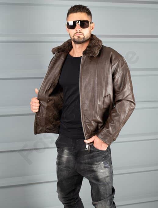 Geaca bomber pentru iarna cu captuseala din eco blana-maro cod 8938-1