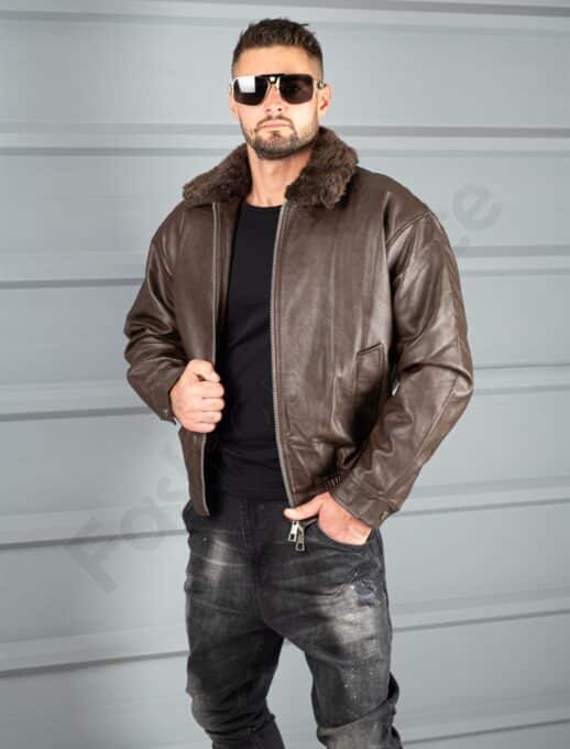 Geaca bomber pentru iarna cu captuseala din eco blana-maro cod 8938-1