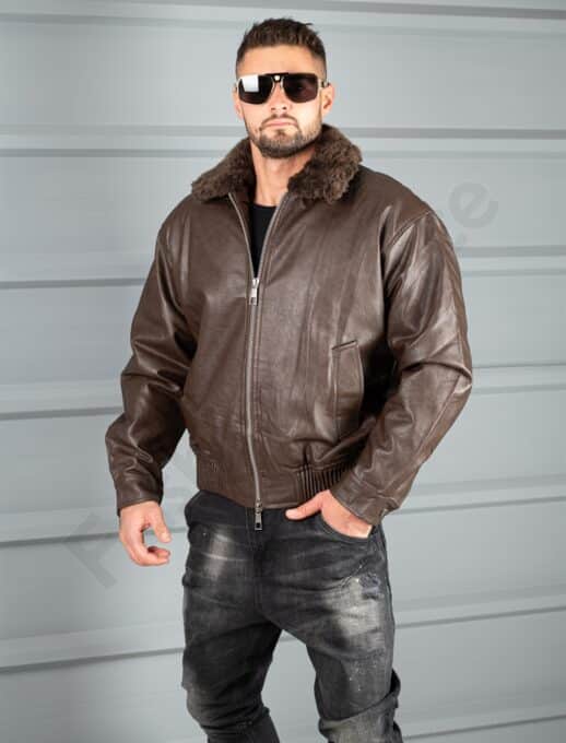 Geaca bomber pentru iarna cu captuseala din eco blana-maro cod 8938-1
