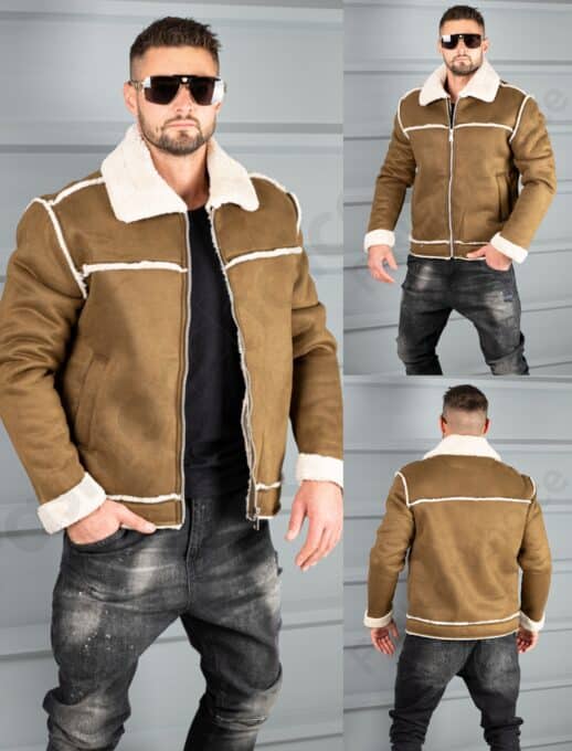 Geaca barbati pentru iarna din nubuc eco si caracul in culoare camel cod 6273-1