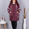 Geaca maxi groasa cu gluga si benzi decorative contrastante-burgundy cod 63163-2