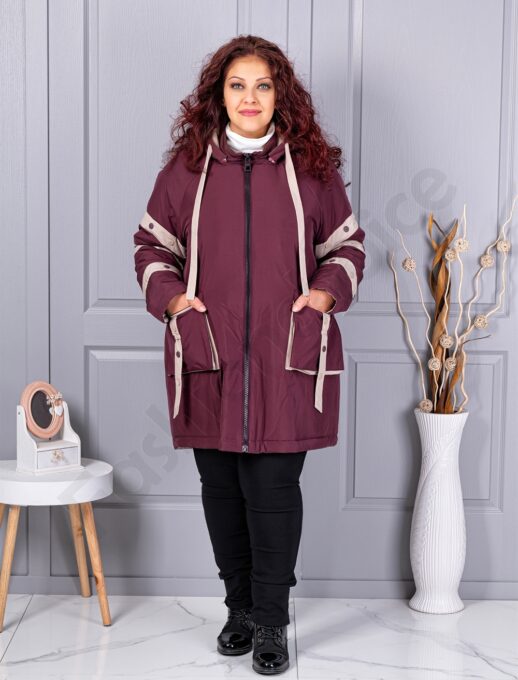 Geaca maxi groasa cu gluga si benzi decorative contrastante-burgundy cod 63163-2
