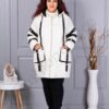Geaca maxi groasa cu gluga si benzi decorative contrastante-ecru cod 63163-1