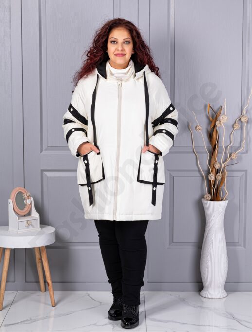 Geaca maxi groasa cu gluga si benzi decorative contrastante-ecru cod 63163-1