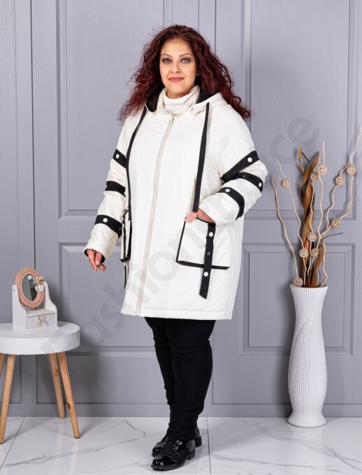 Geaca maxi groasa cu gluga si benzi decorative contrastante-ecru cod 63163-1