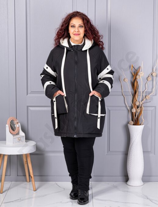 Geaca maxi groasa cu gluga si benzi decorative contrastante-negru cod 63163