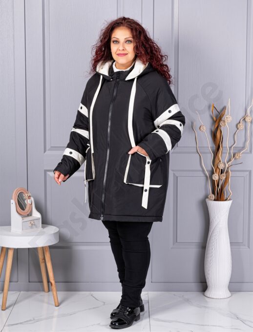 Geaca maxi groasa cu gluga si benzi decorative contrastante-negru cod 63163