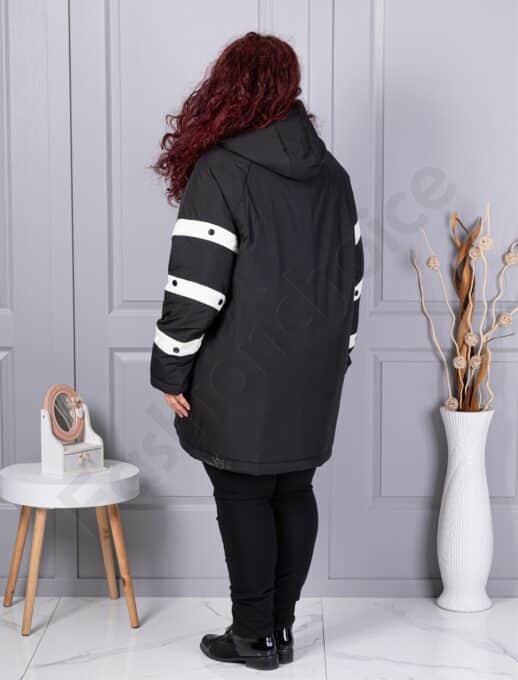 Geaca maxi groasa cu gluga si benzi decorative contrastante-negru cod 63163