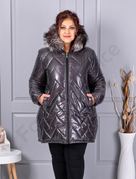 Geaca maxi pentru iarna cu blana naturala din vulpe argintie-grafit cod 26059-1