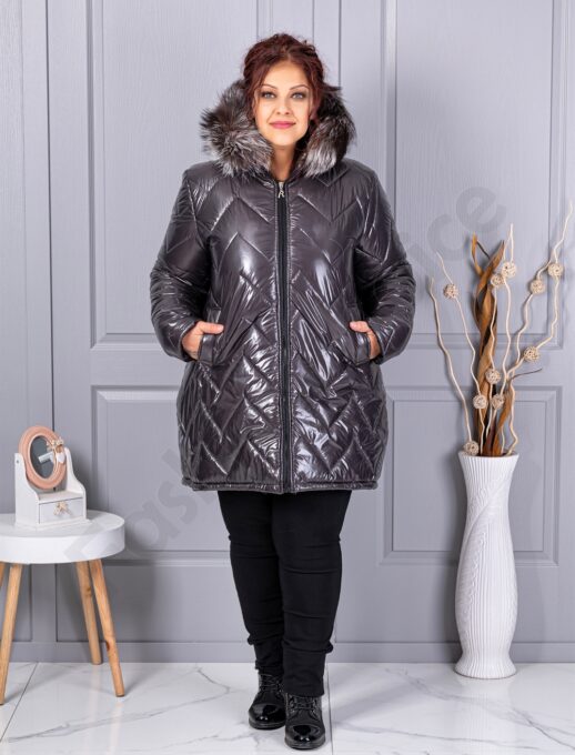 Geaca maxi pentru iarna cu blana naturala din vulpe argintie-grafit cod 26059-1