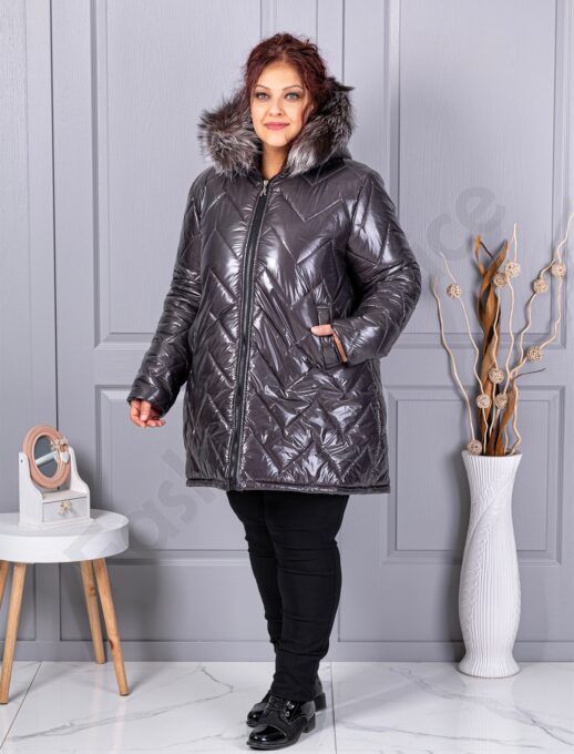 Geaca maxi pentru iarna cu blana naturala din vulpe argintie-grafit cod 26059-1