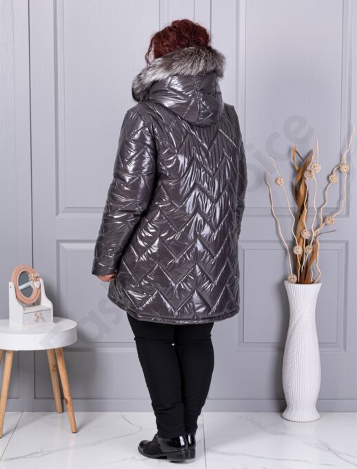 Geaca maxi pentru iarna cu blana naturala din vulpe argintie-grafit cod 26059-1