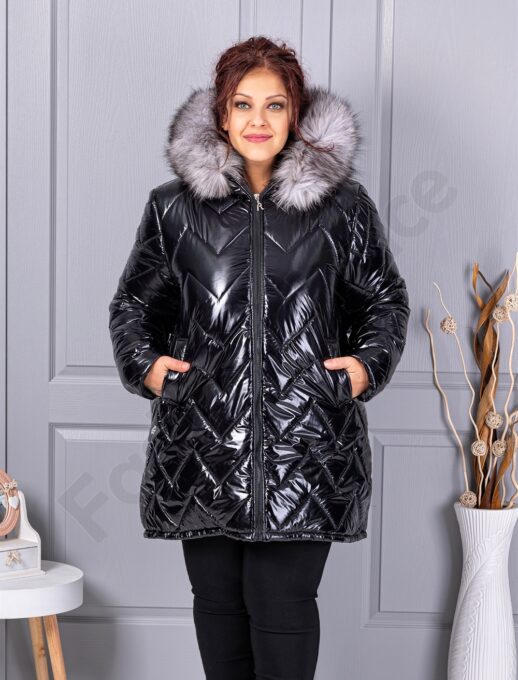 Geaca maxi pentru iarna cu blana naturala din vulpe argintie-lac negru cod 26059
