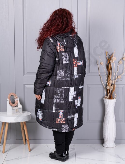 Geaca maxi lunga pentru iarna cu imprimeu de arta-negru cod 71303