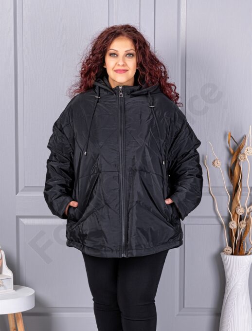 Geaca maxi pentru iarna cu gluga si buzunare-negru cod 63280