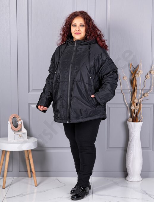 Geaca maxi pentru iarna cu gluga si buzunare-negru cod 63280