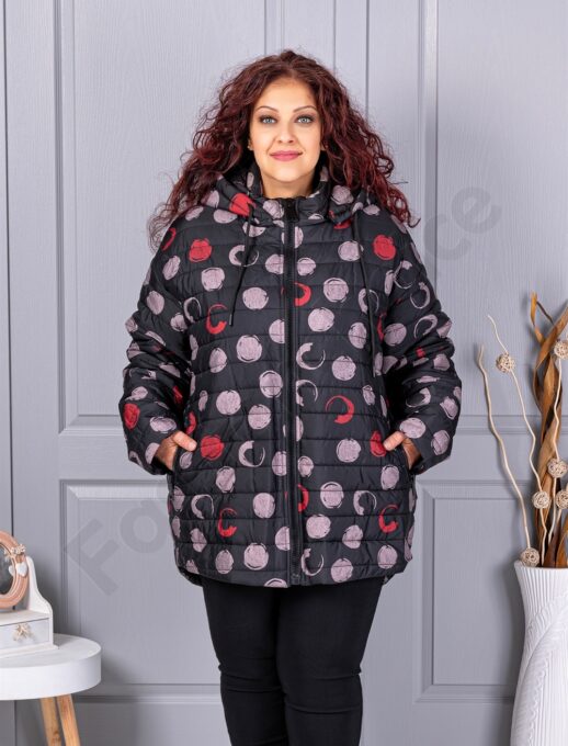 Geaca maxi groasa cu gluga si imprimeu buline cod 63297