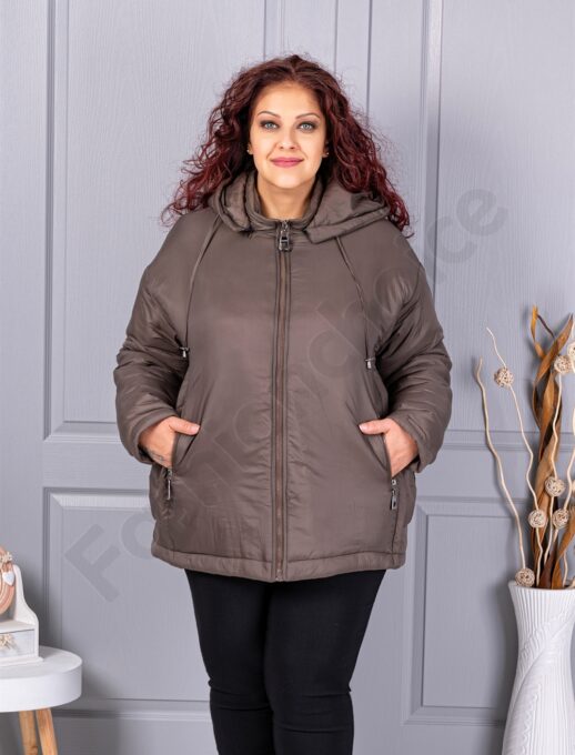 Geaca maxi de dama pentru iarna cu gluga si buzunare-moca cod 63279-1