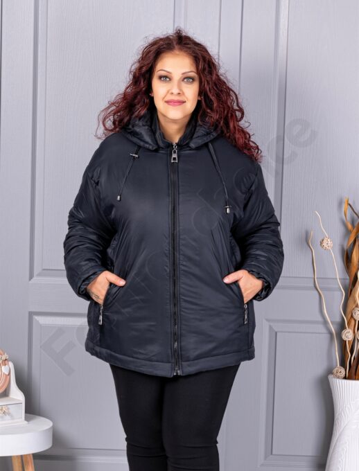 Geaca maxi de dama pentru iarna cu gluga si buzunare-negru cod 63279