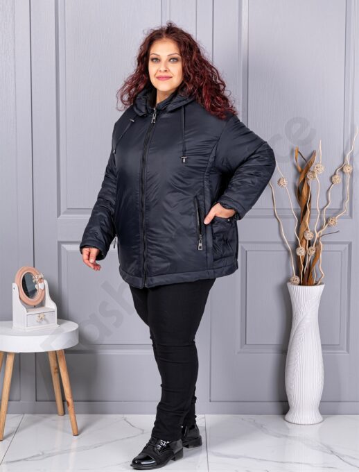 Geaca maxi de dama pentru iarna cu gluga si buzunare-negru cod 63279