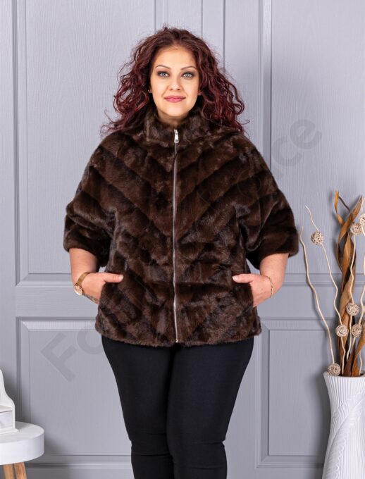 Palton maxi cochet din blana eco cu guler inalt-maro cod LT18