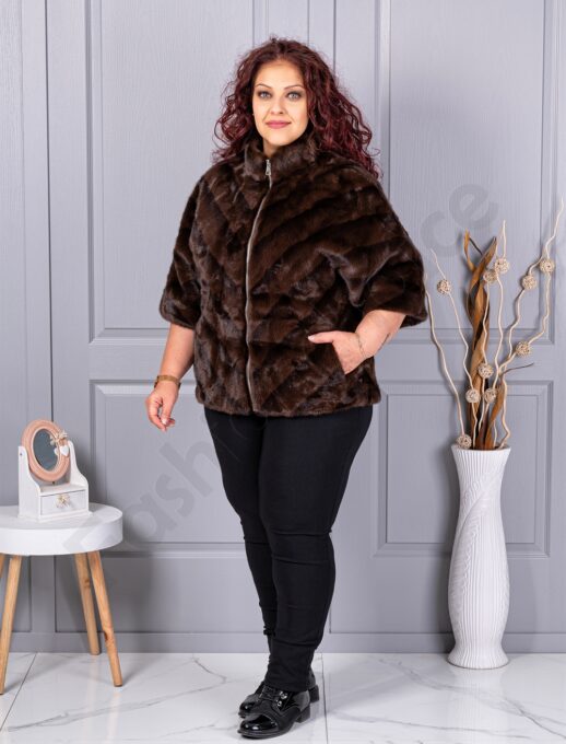Palton maxi cochet din blana eco cu guler inalt-maro cod LT18