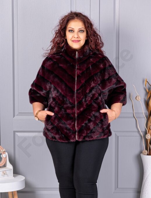 Palton maxi cochet din blana eco cu guler inalt-bordo cod LT18-1