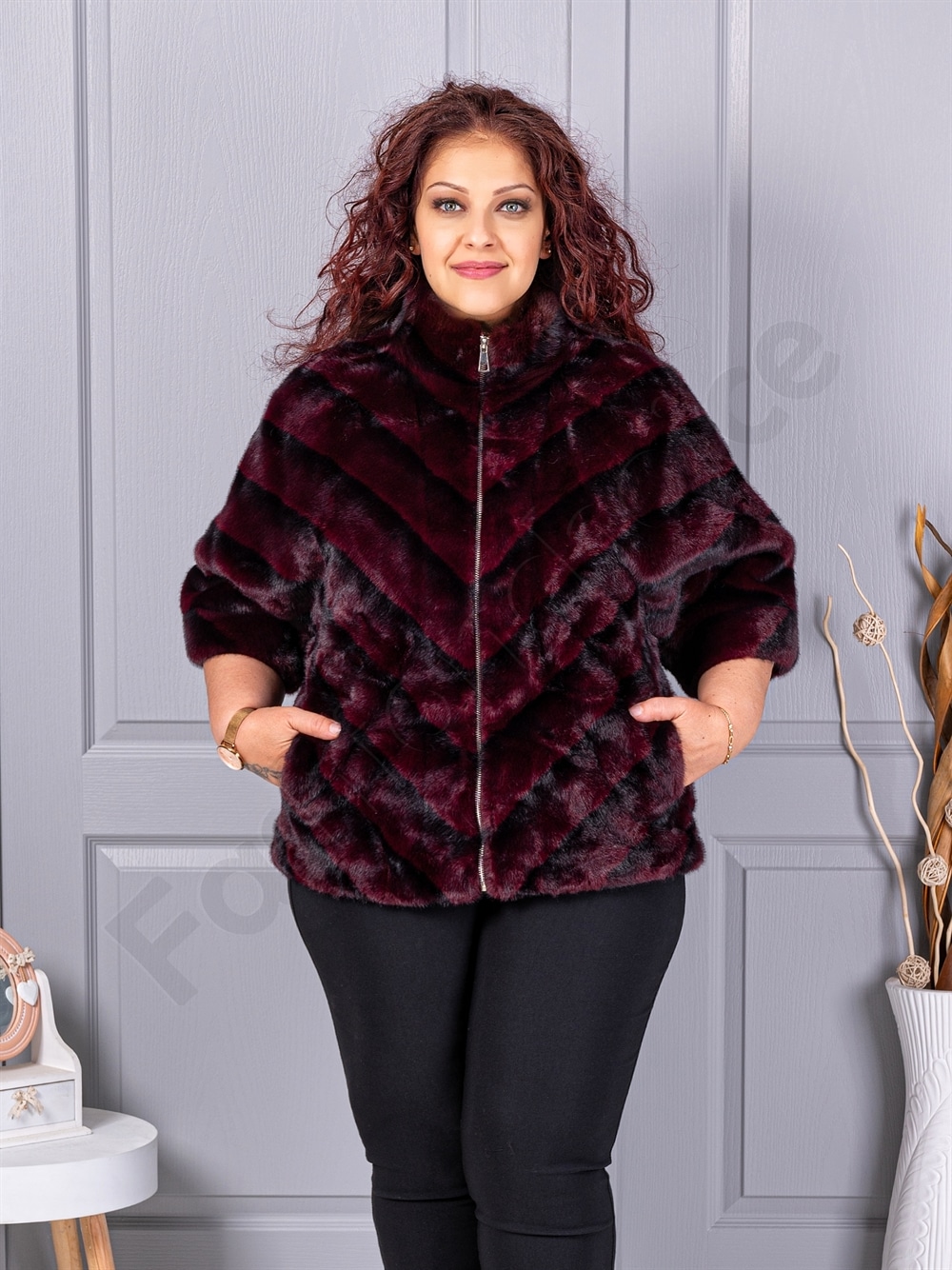 Palton maxi cochet din blana eco cu guler inalt-bordo cod LT18-1