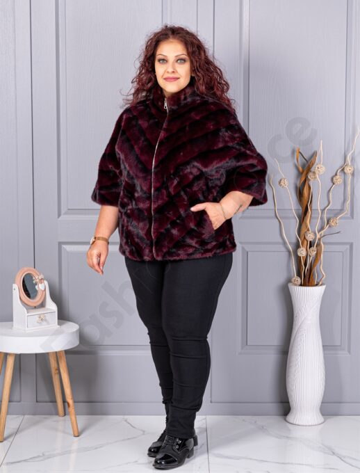 Palton maxi cochet din blana eco cu guler inalt-bordo cod LT18-1