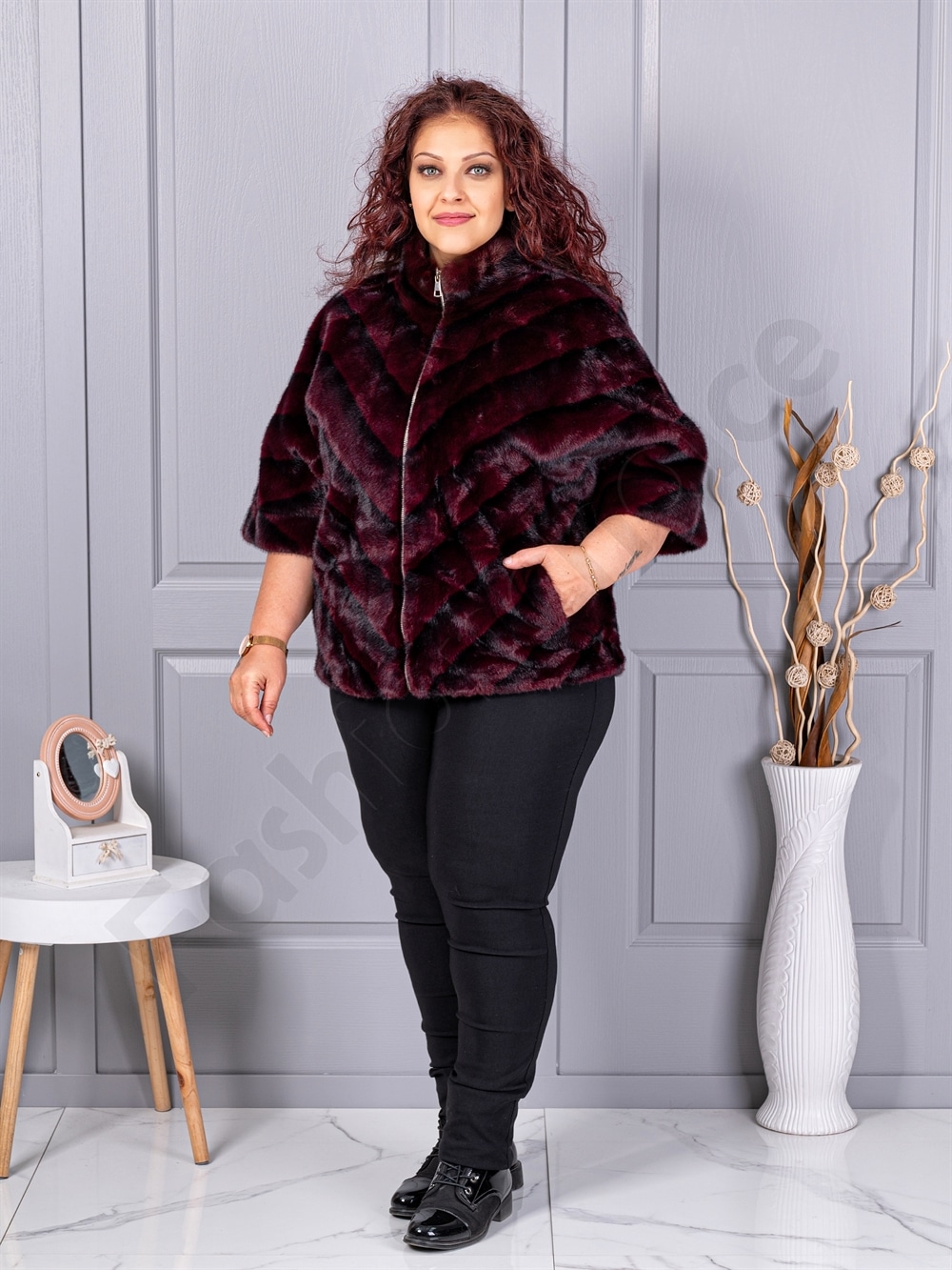 Palton maxi cochet din blana eco cu guler inalt-bordo cod LT18-1