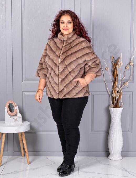 Palton maxi cochet din blana eco cu guler inalt-bej cod LT18-2